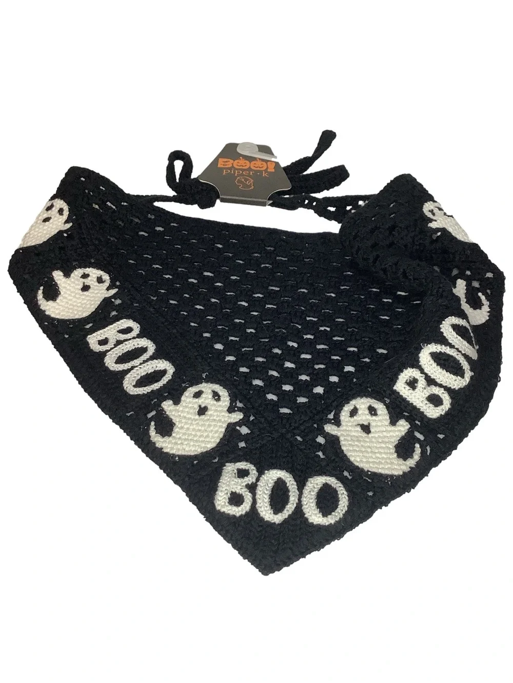 Piper K Halloween Black Crochet BOO Ghost Hair Bandana Scarf New